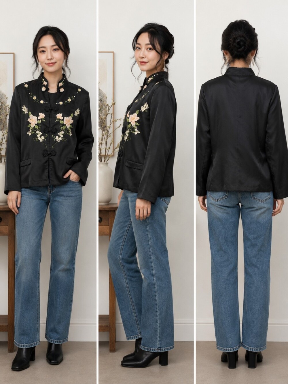 Vtg 80s Red Clouds Black Silk Rayon Hand Embroidered Floral Chinese Jacket Sz 40